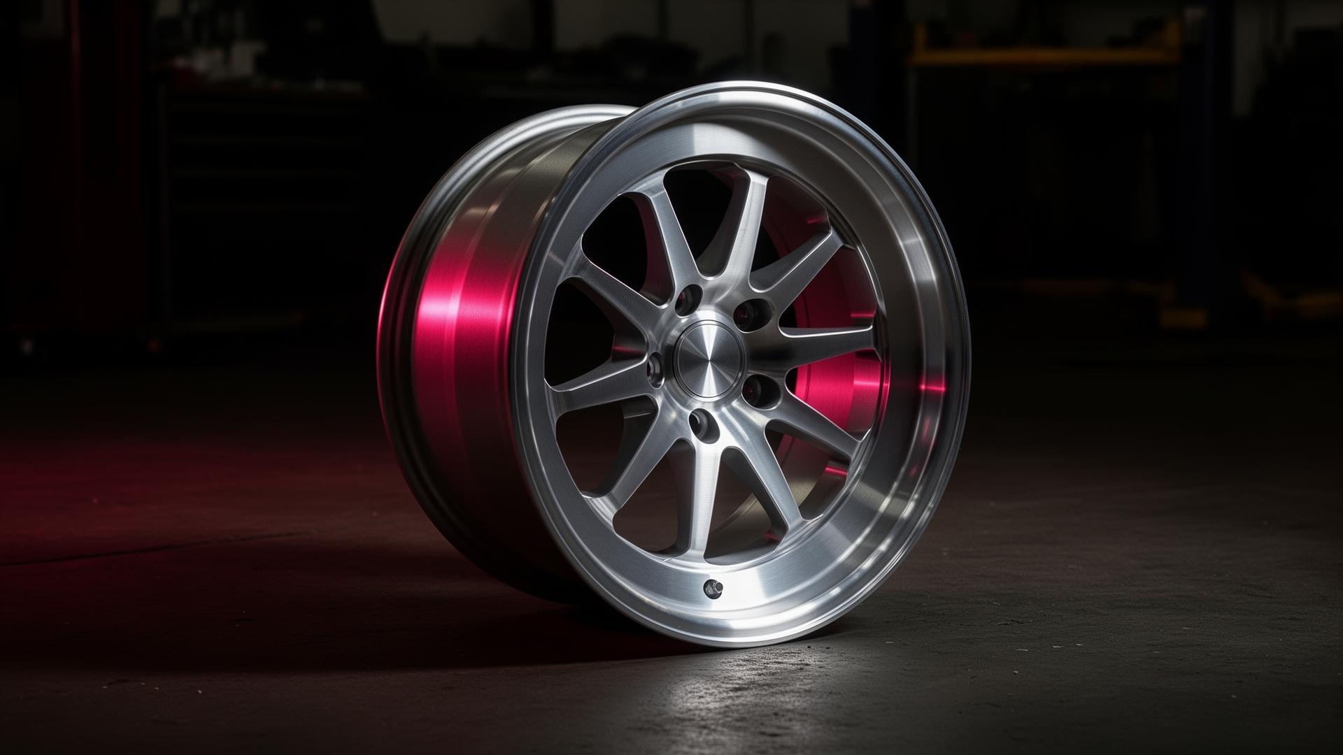 Freshly diamond-cut alloy wheel in Kemptonion workshop